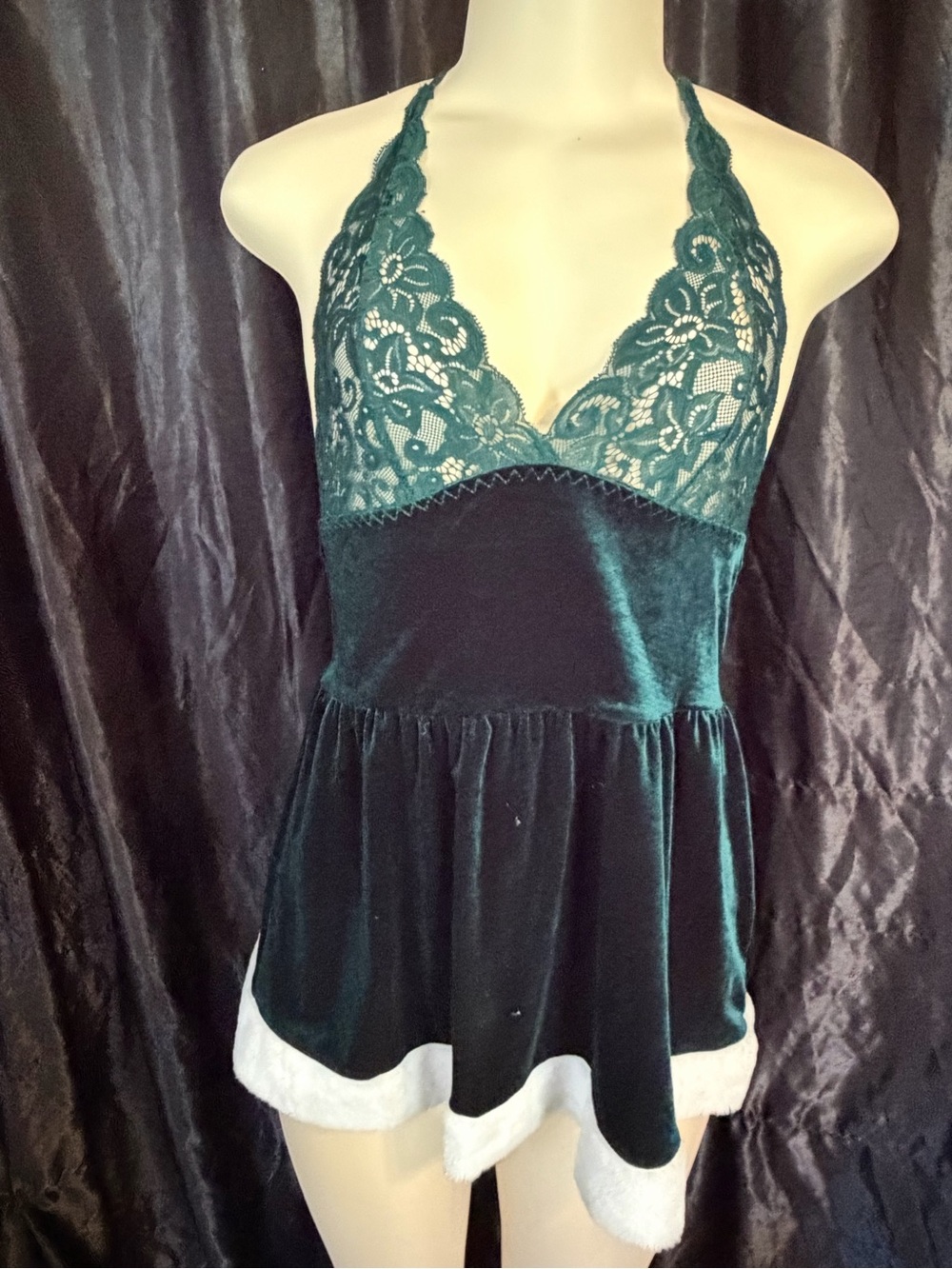 Teal Lace Halter Velvet Chemise with Contrast Trim